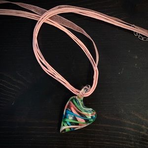 Murano Glass Heart Pendant and Ribbon Necklace